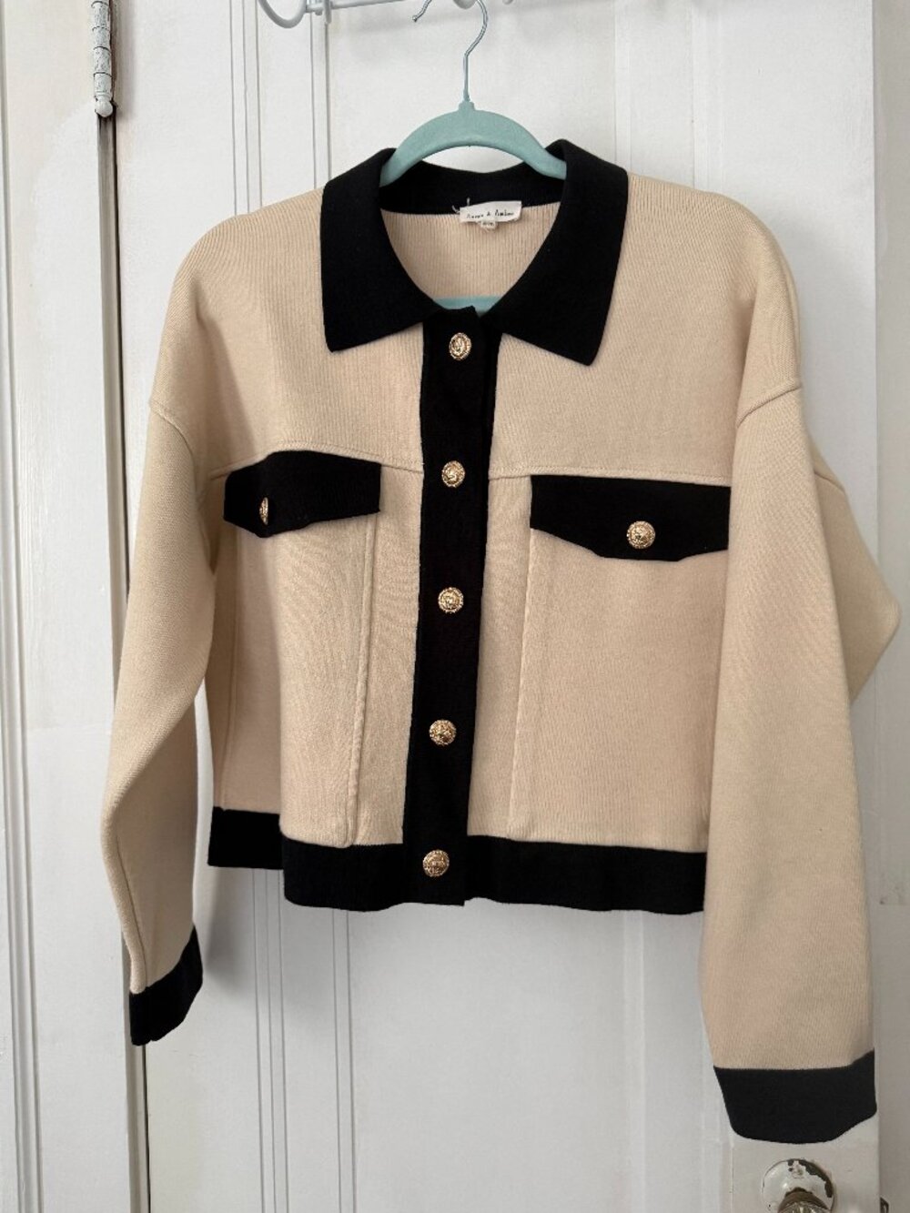 Aaron & Amber Cream Old Money Contrast Knit Jacket Cardigan, S/M